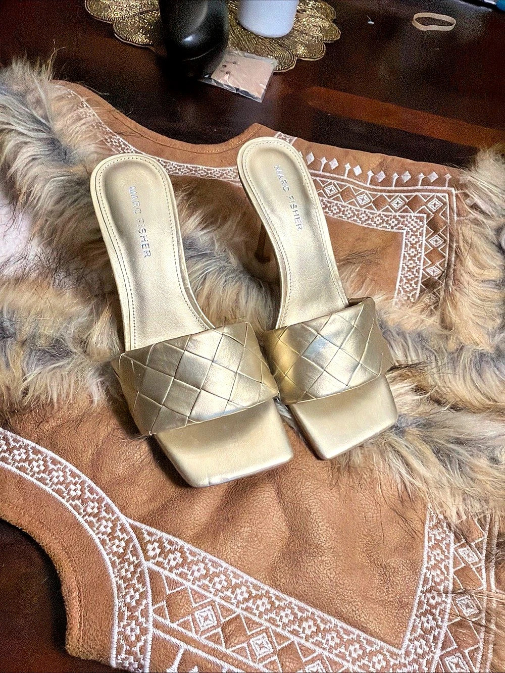 Marc Fisher Gold Quilted Square-Toe Heels US 7M